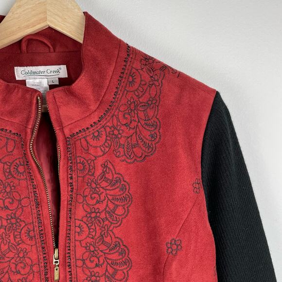 Coldwater Creek Faux Suede Sweater Jacket Ribbed Sleeves Beaded Full Zip Red L - Picture 12 of 16